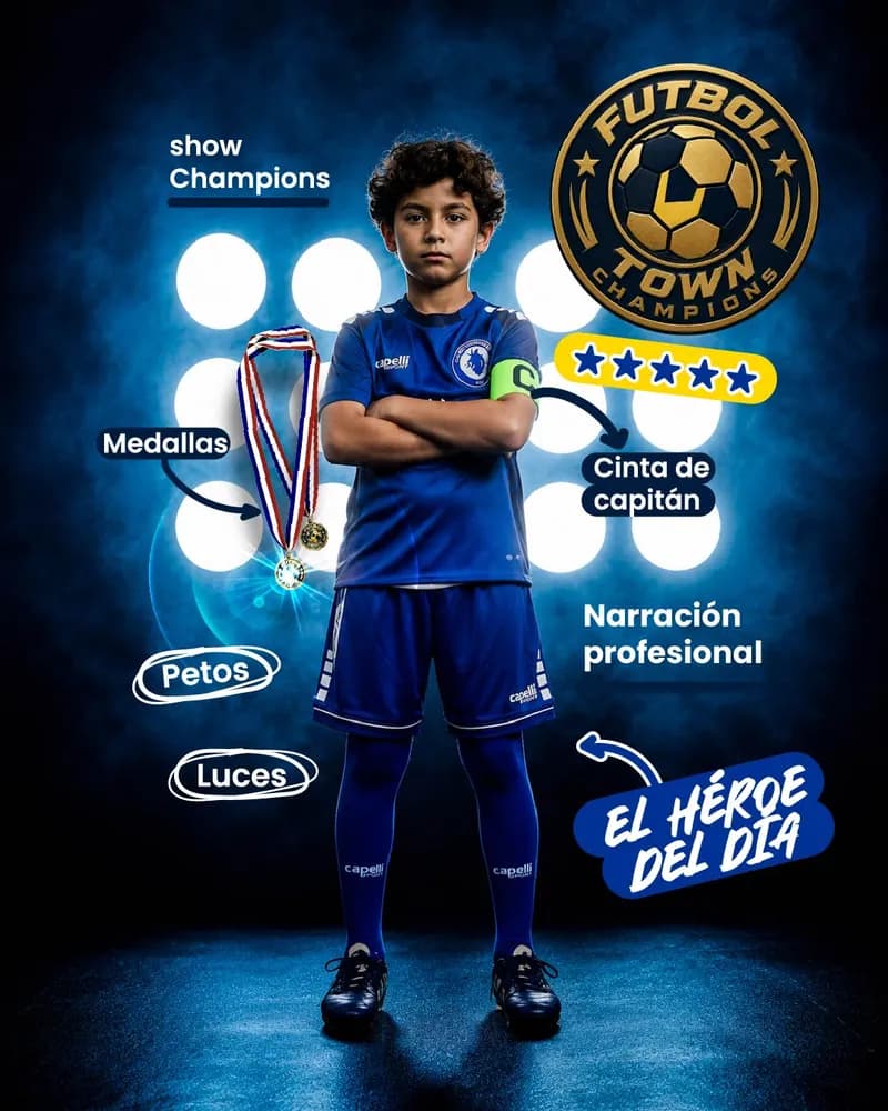 El cumpleañero con uniforme, medalla y cinta de capitán bajo las luces del estadio, con el escudo de Fútbol Town Champions